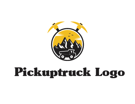 pickaxe behind circle with mountains and truck