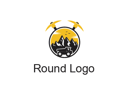 pickaxe behind circle with mountains and truck