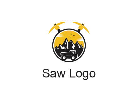 pickaxe behind circle with mountains and truck