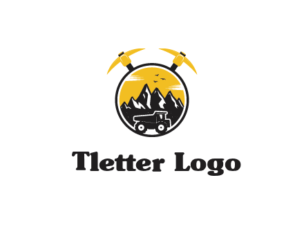 pickaxe behind circle with mountains and truck