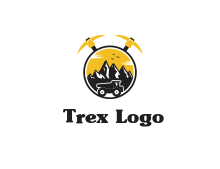 pickaxe behind circle with mountains and truck