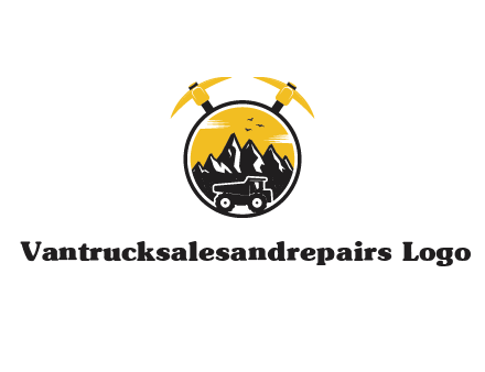 pickaxe behind circle with mountains and truck