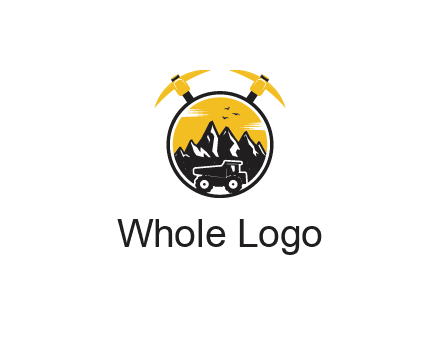 pickaxe behind circle with mountains and truck