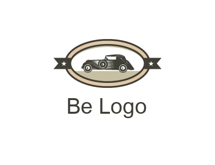 car in oval with ribbon