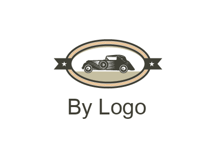 car in oval with ribbon