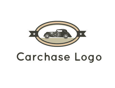 car in oval with ribbon