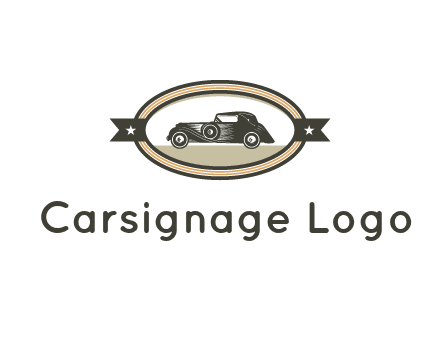 car in oval with ribbon