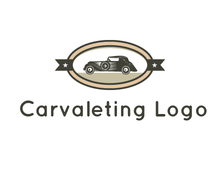 car in oval with ribbon