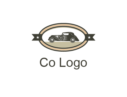 car in oval with ribbon