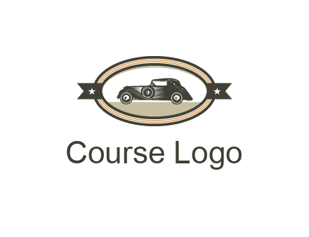 car in oval with ribbon