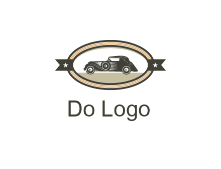 car in oval with ribbon