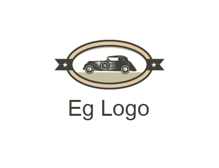 car in oval with ribbon
