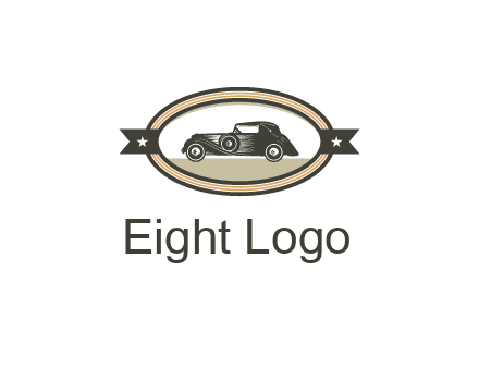 car in oval with ribbon