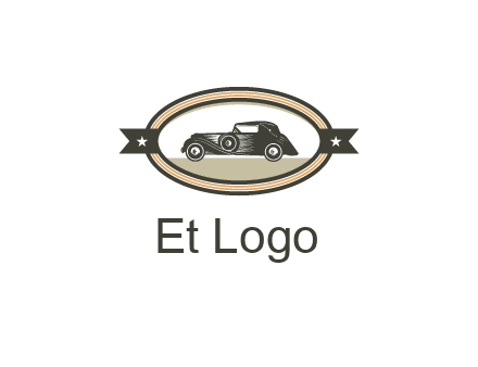 car in oval with ribbon