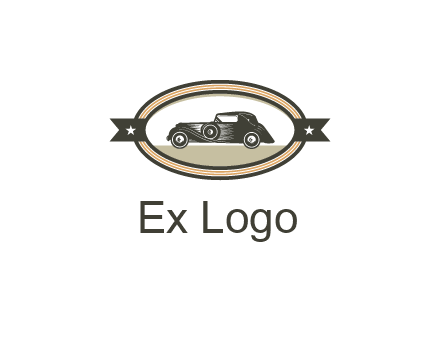 car in oval with ribbon