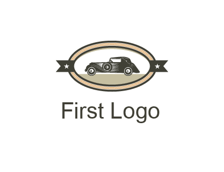 car in oval with ribbon