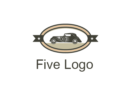 car in oval with ribbon