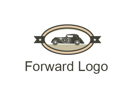 car in oval with ribbon
