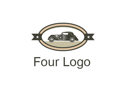 car in oval with ribbon