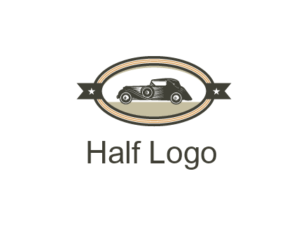 car in oval with ribbon