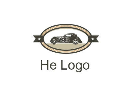 car in oval with ribbon