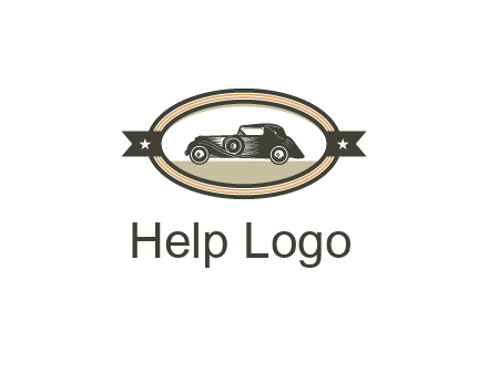 car in oval with ribbon