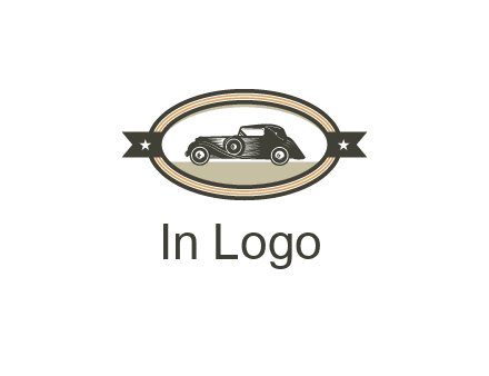 car in oval with ribbon