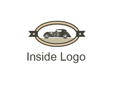 car in oval with ribbon