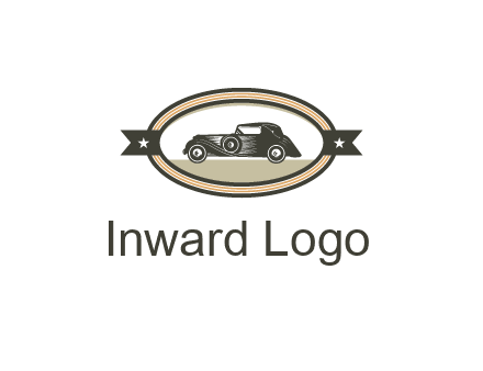 car in oval with ribbon