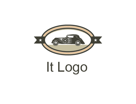 car in oval with ribbon