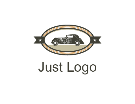car in oval with ribbon