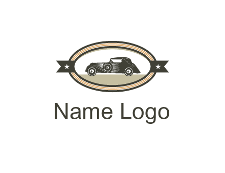 car in oval with ribbon
