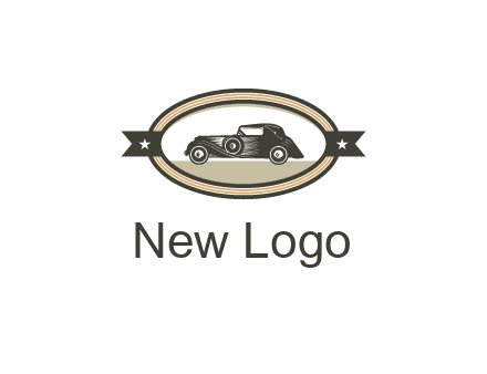 car in oval with ribbon