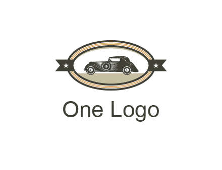 car in oval with ribbon
