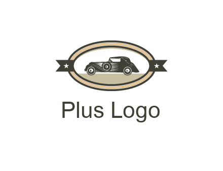 car in oval with ribbon
