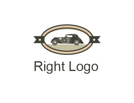 car in oval with ribbon