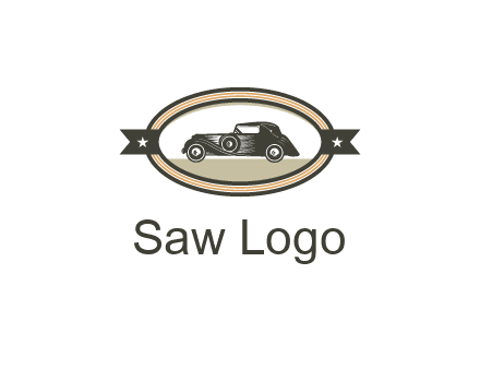 car in oval with ribbon