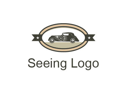 car in oval with ribbon