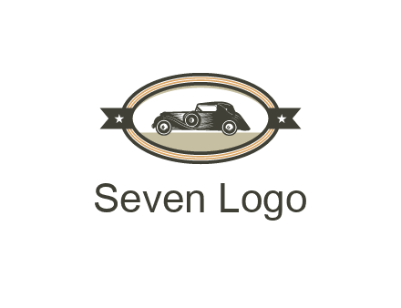 car in oval with ribbon