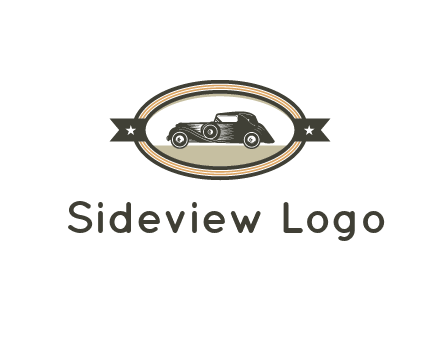 car in oval with ribbon