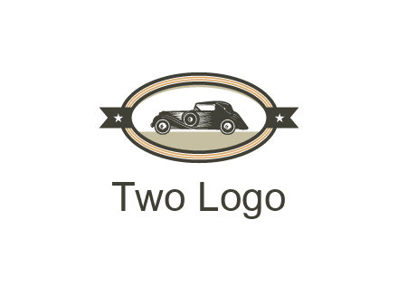 car in oval with ribbon