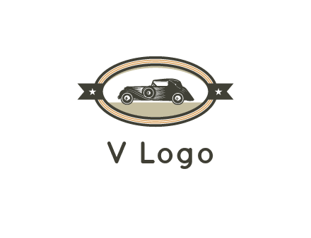 car in oval with ribbon