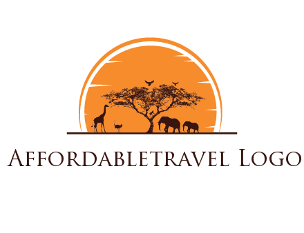 sun behind elephants and giraffe with tree