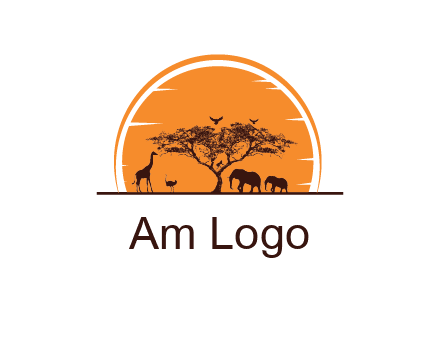 sun behind elephants and giraffe with tree