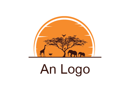 sun behind elephants and giraffe with tree