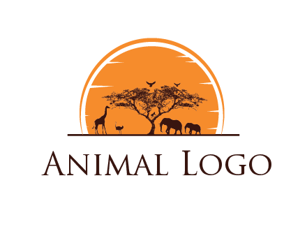 sun behind elephants and giraffe with tree