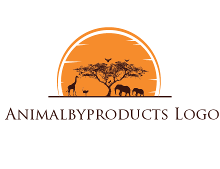 sun behind elephants and giraffe with tree