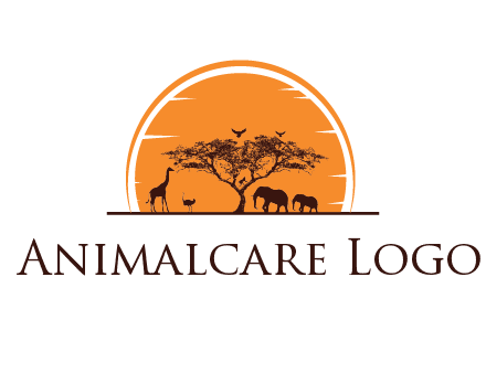 sun behind elephants and giraffe with tree