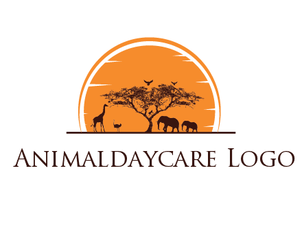sun behind elephants and giraffe with tree