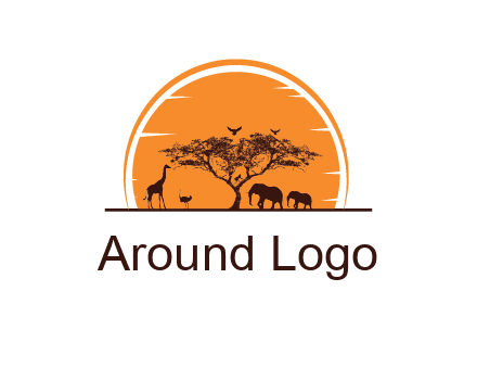 sun behind elephants and giraffe with tree